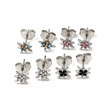 Rhinestone Flower Stud Earrings with 316 Surgical Stainless Steel Pins, Stainless Steel Color Plated 304 Stainless Steel Jewelry for Women, Mixed Color, 8x8mm, Pin: 0.8mm