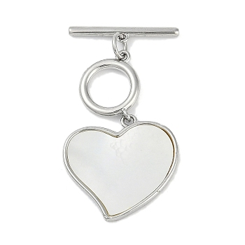 Brass Shell Toggle Clasps, Heart, Platinum, Heart: 35mm long, Pendant: 21.5x22x2mm, Hole: 1.2mm, Bar: 22x4x2mm, Hole: 1.2mm