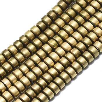 Electroplate Non-magnetic Synthetic Hematite Beads Strands, Matte Style, Heishi Beads, Flat Round/Disc, Real 18K Gold Plated, 3x2mm, Hole: 1mm, about 195~200pcs/strand, 15.75 inch(40cm)