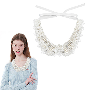 Plastic Pearl & Crystal Rhinestone Flower Colllar, Polyester Bowknot False Collar, Neckline Trim Clothes Sewing Applique Edge, White, 310x51x8mm