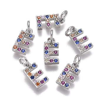 Brass Micro Pave Cubic Zirconia Charms, Letter, Colorful, Platinum, Letter.E, 9.5x4.8x1.7mm, Hole: 2mm
