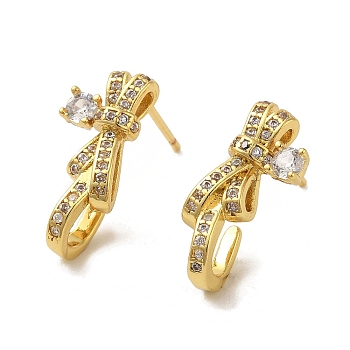 Brass Stud Earrings, Cubic Zirconia, Cadmium Free & Lead Free, Butterfly, Real 18K Gold Plated, 19x7.5mm