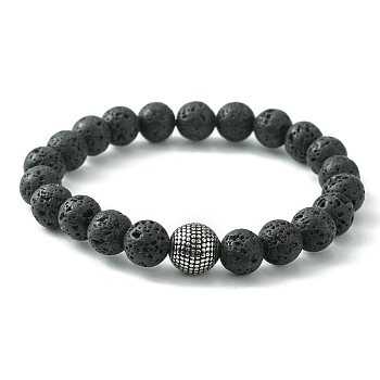Natural Lava Rock & 316 Surgical Stainless Steel Round Beaded Stretch Bracelet, Inner Diameter: 2-1/8 inch(5.3cm)