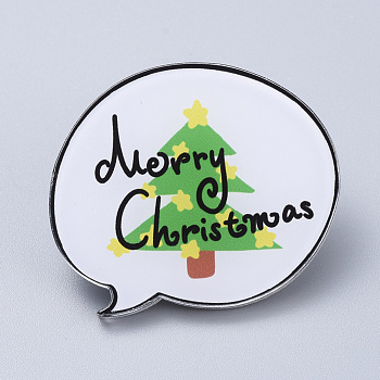 Acrylic Safety Brooches, with Iron Pin, For Christmas, Flat Round with Christmas Tree & Word Merry Christmas, White, 40x34x7mm, Pin:0.8mm