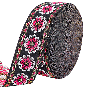 Polyester Ethnic Style Lace Ribbon, DIY Clothing Accessories, Flat with Flower Pattern, Camellia, 33mm, about 10m/roll