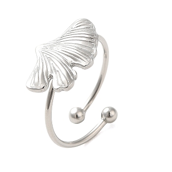304 Stainless Steel Open Cuff Ring, Leaf, Stainless Steel Color, Inner Diameter: 17.8mm