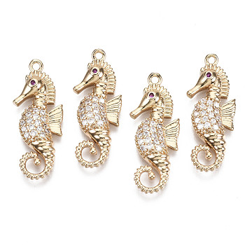 Brass Micro Pave Cubic Zirconia Pendants, Sea Horse, Long-Lasting Plated, Light Gold, Clear, 26x10x3mm, Hole: 1.2mm