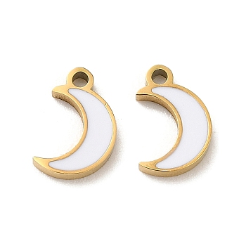Ion Plating(IP) 316L Surgical Stainless Steel Charms, with Enamel, Real 18K Gold Plated, Moon Charm, White, 9x6x1.5mm, Hole: 1.4mm