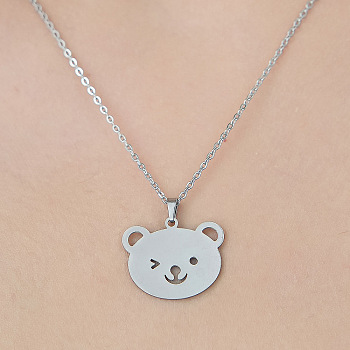 201 Stainless Steel Hollow Bear Pendant Necklace, Stainless Steel Color, 17.72 inch(45cm)