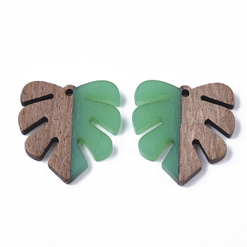 Resin & Wood Pendants, Tropical Leaf Charms, Monstera Leaf Pendant, Green, 30x28x3.5mm, Hole: 2mm