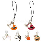 6Pcs Plastic Mobile Dustproof Plugs and Mobile Straps, with Alloy Pendants, Halloween, Mixed Shapes, Mixed Color, 33~73mm(HJEW-MA00028)