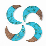 Transparent Resin & Walnut Wood Pendants, with Gold Foil, Moon, Dark Turquoise, 28x22x3mm, Hole: 2mm(RESI-S389-056B-B03)