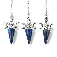 Natural Dyed Lapis Lazuli Cone Dowsing Pendulum Big Pendants, with Triple Moon Rack Plating Platinum Plated Brass Findings, Cadmium Free & Lead Free, 220~230mm, Hole: 1.5~2mm(G-C114-01P-18)