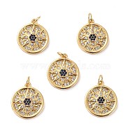 Brass Micro Pave Cubic Zirconia Pendants, Long-Lasting Plated, Cadmium Free & Lead Free, Flat Round with Sun, Real 18K Gold Plated, 18.5x16x2.5mm, Hole: 3.4mm(X-ZIRC-P092-014G-RS)
