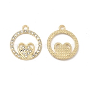 Alloy Crystal Rhinestone Pendants, Ring Charms with Heart, Nickel, Light Gold, 21x17.5x1.5mm, Hole: 2mm(FIND-H039-48LG)