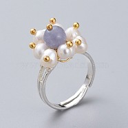 Adjustable Natural Aquamarine Finger Rings, with Natural Pearl, Silver Plated Brass Ring Shanks and Ball Head Pin, with Cardboard Packing Box, Size 7, 17mm(RJEW-JR00291-06)