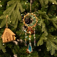 Wire Wrapped Natural Green Aventurine & Metal Sun with Moon Pendant Decorations, with Agate Slice, for Garden Window Hanging Suncatchers, Golden, 390x120mm(PW-WG96896-01)