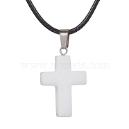 Natural White Jade Cross Pendant Necklaces, with Imitation Leather Cords, 17.80 inch(45.2cm)(NJEW-JN04624-05)