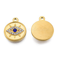 304 Stainless Steel Pendants, with Montana Rhinestone, Flat Round with Eye, Real 18K Gold Plated, 19x15.5x3mm, Hole: 1.6mm(STAS-N098-164LG)