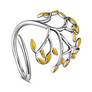 SHEGRACE Adjustable 925 Sterling Silver Finger Ring, with Enamel, Leaves, Size 8, Yellow, 18mm(JR390E)