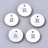 Natural Freshwater Shell Pendants, with Platinum Plated Iron Etched Metal Embellishments, Flat Round with Initial Letter, White, Letter.R, 11x2mm, Hole: 1.5mm(X-SHEL-Q018-01A-R-P)