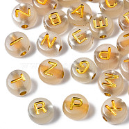 Luminous Acrylic Beads, Glow in the Dark, Metal Enlaced, Horizontal Hole, Flat Round with  Mixed Letter, Golden Plated, 7x3.5mm, Hole: 1.2mm, about 3600pcs/500g(MACR-S273-67A)