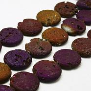Electroplated Natural Druzy Geode Crystal Beads Strands, Flat Round, Dyed, Purple Plated, 30x7~8mm, Hole: 2mm, about 7pcs/strand, 8.26 inch(21cm)(G-N0251-30mm-05)