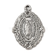 Tibetan Style 304 Stainless Steel Pendant Rhinestone Settings, Oval with Virgin Pattern & Word NUESTRASENORA DE GUADALUPE Charms, Religion Theme, Antique Silver, 29x21x2.5mm, Hole: 2mm, Fit for 1.2mm rhinestone(STAS-G278-28AS)