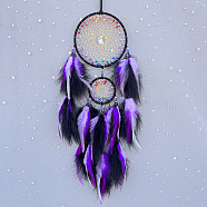 Feather Woven Web/Net with Feather Pendant Decorations, with Plastic Beads, Purple, 600mm(PW-WGE515C-02)