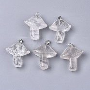 Natural Quartz Crystal Pendants, Rock Crystal Pendants, with Stainless Steel Snap On Bails, Mushroom, Stainless Steel Color, 27.5~28.5x23~25x9.5~10.5mm, Hole: 3x5mm(X-G-R480-02C)