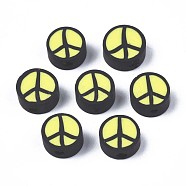 Handmade Polymer Clay Beads, Flat Round with Peace Sign, Champagne Yellow, 9~10x4.5mm, Hole: 1.6mm(CLAY-N007-006-07)