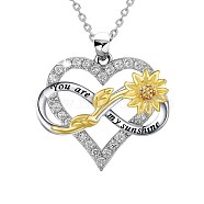 Brass Micro Pave Clear Cubic Zirconia Infinity Heart with Sunflower Pendant Necklaces for Women, Platinum, 16.26 inch(41.3cm)(NJEW-G146-01P)