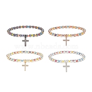 4Pcs 4 Color Glass & Synthetic Hematite Round Beaded Stretch Bracelets Set, Cubic Zirconia Cross Charms Stackable Bracelets for Women, Mixed Color, Inner Diameter: 2-1/4 inch(5.6cm), 1Pc/color(BJEW-JB08944)