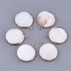 Freshwater Shell Pendants, with Brass Findings, Flat Round, Golden, 23x20x4mm, Hole: 2mm(X-SHEL-T012-57)
