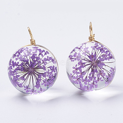 Glass Pendants, with Dried Flower Inside & Brass Findings, Round, Golden, Medium Purple, 19x14mm, Hole: 2mm(X-GLAA-Q070-002B-05)