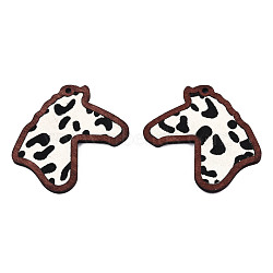 Eco-Friendly Cowhide Leather Big Pendants, with Dyed Wood, Horse's Head with Cow Pattern, Black, 53.5x42x3mm, Hole: 2mm(FIND-N049-20E)