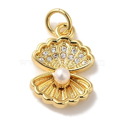 Shell Shapes Rack Plating Brass Glass Pendants, with Imitation Pearl Beads, Cadmium Free & Lead Free, Long-Lasting Plated, with Jump Rings, Real 18K Gold Plated, 16x11x5mm, Hole: 3mm(KK-U027-32G)