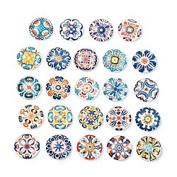 24Pcs Glass Cabochons, Round with Flower, Mixed Color, 25x25x7mm(GGLA-S059-04A)