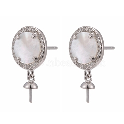 925 Sterling Silver Micro Pave Cubic Zirconia Stud Earring Findings, with Shell, For Half Drilled Beads, Flat Round, Platinum, 21x13mm, Pin: 0.5mm and 0.6mm(STER-F043-017P)