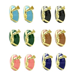 Oval Brass Stud Earrings, with Mixed Color Enamel, Real 18K Gold Plated, 28x22mm(EJEW-C072-02G)