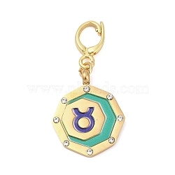 304 Stainless Steel Enamel Pendant Decoration, with Clear Cubic Zirconia, Octagon with Constellations, Golden, Taurus, 35.5mm(STAS-S168-01G-02)