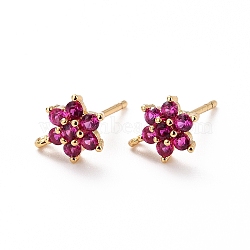 Brass Micro Pave Cubic Zirconia Stud Earrings Findings, Cadmium Free & Lead Free, Flower with Loop, Real 18K Gold Plated, Cerise, 9.5x6.5x3mm, Hole: 0.8mm, Pin: 0.9mm(ZIRC-C027-14G-01-RS)