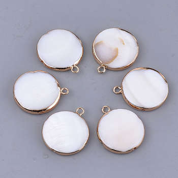 Freshwater Shell Pendants, with Brass Findings, Flat Round, Golden, 23x20x4mm, Hole: 2mm