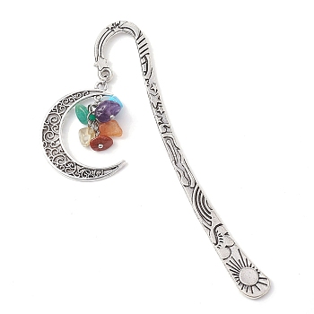Tibetan Style Bookmarks, with Gemstone Beads, Antique Silver, Moon, 122x23x2.5mm, Pendant: 40.5x34.5x10mm