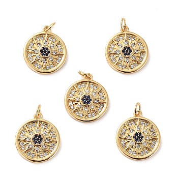 Brass Micro Pave Cubic Zirconia Pendants, Long-Lasting Plated, Cadmium Free & Lead Free, Flat Round with Sun, Real 18K Gold Plated, 18.5x16x2.5mm, Hole: 3.4mm