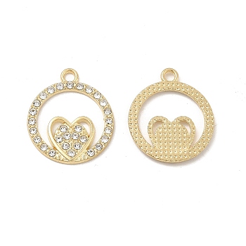 Alloy Crystal Rhinestone Pendants, Ring Charms with Heart, Nickel, Light Gold, 21x17.5x1.5mm, Hole: 2mm