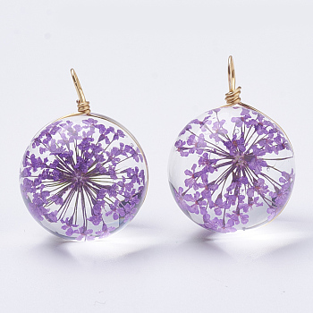 Glass Pendants, with Dried Flower Inside & Brass Findings, Round, Golden, Medium Purple, 19x14mm, Hole: 2mm