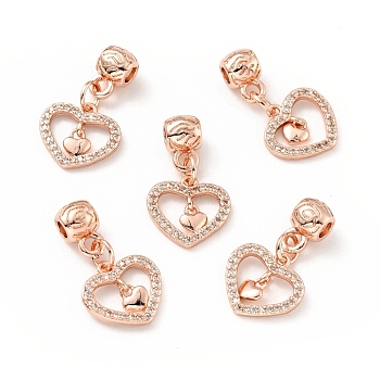 Rack Plating Brass Micro Pave Clear Cubic Zirconia Pendants, Cadmium Free & Lead Free, Long-Lasting Plated, Heart, Rose Gold, 22mm, Hole: 2.4mm