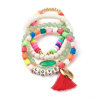 Love Beads Stretch Bracelets Set, Cowrie Shell Shape & Tassel Charm Bracelets, Heishi Beads Surfering Bracelets, Natural Moss Agate & Green Aventurine & Lava Rock Beads Bracelets for Women, Golden, Colorful, Inner Diameter: 2-1/8 ~2.17 inch(5.3~5.5cm), 4pcs/set