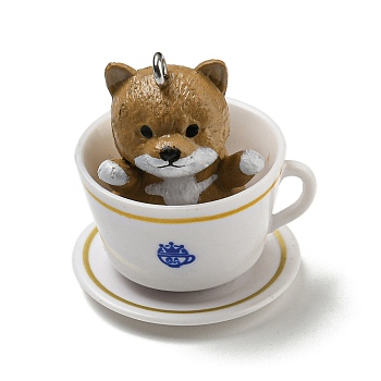 Opaque Resin Puppy Pendants, Cute Dog in Tea Cup Charms, with Platinum Tone Iron Loops, Goldenrod, 31~32.5x28x26mm, Hole: 2mm
